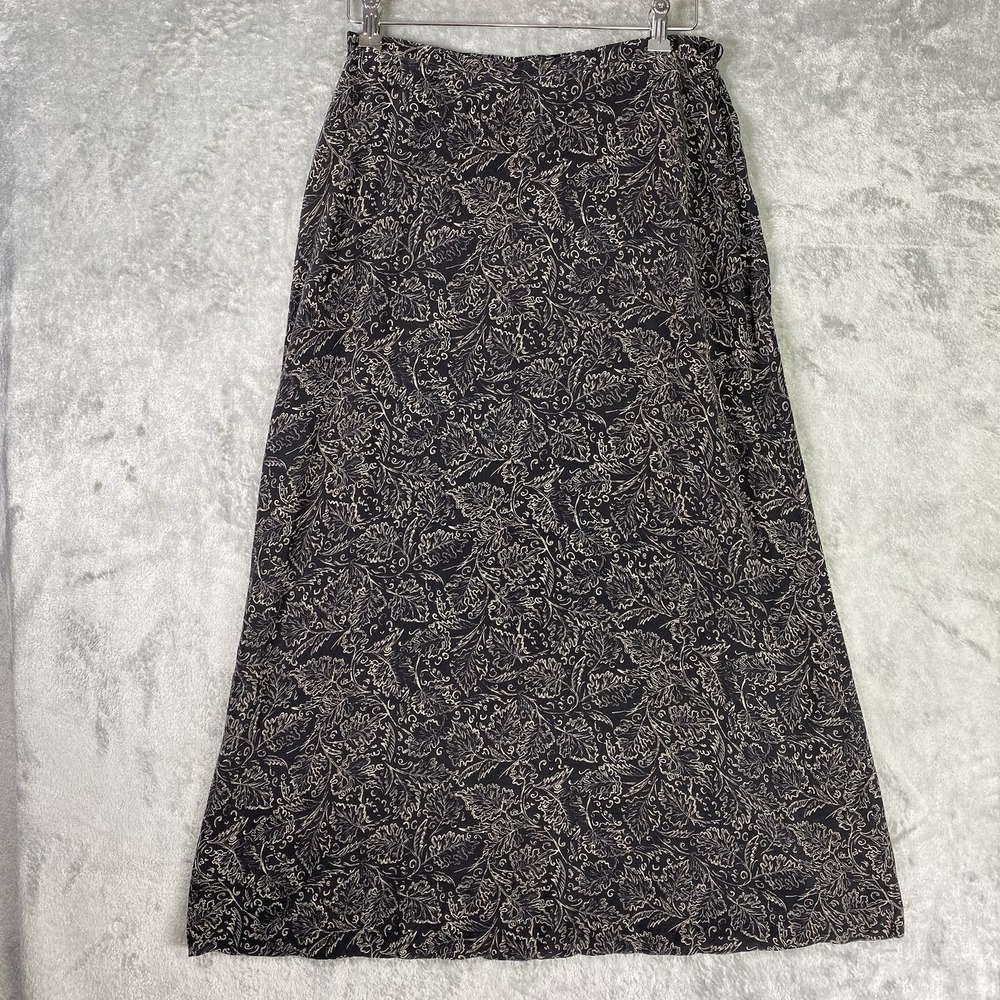 VTG Jones New York Skirt Womens Sz 12 Black Tan 100% Silk Leaf Print Maxi A-Line